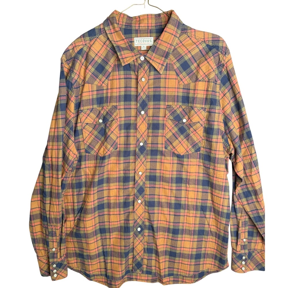 Tecovas Mens XL Plaid Western Pearl Snap Shirt Orange Blue Long Sleeve Cotton